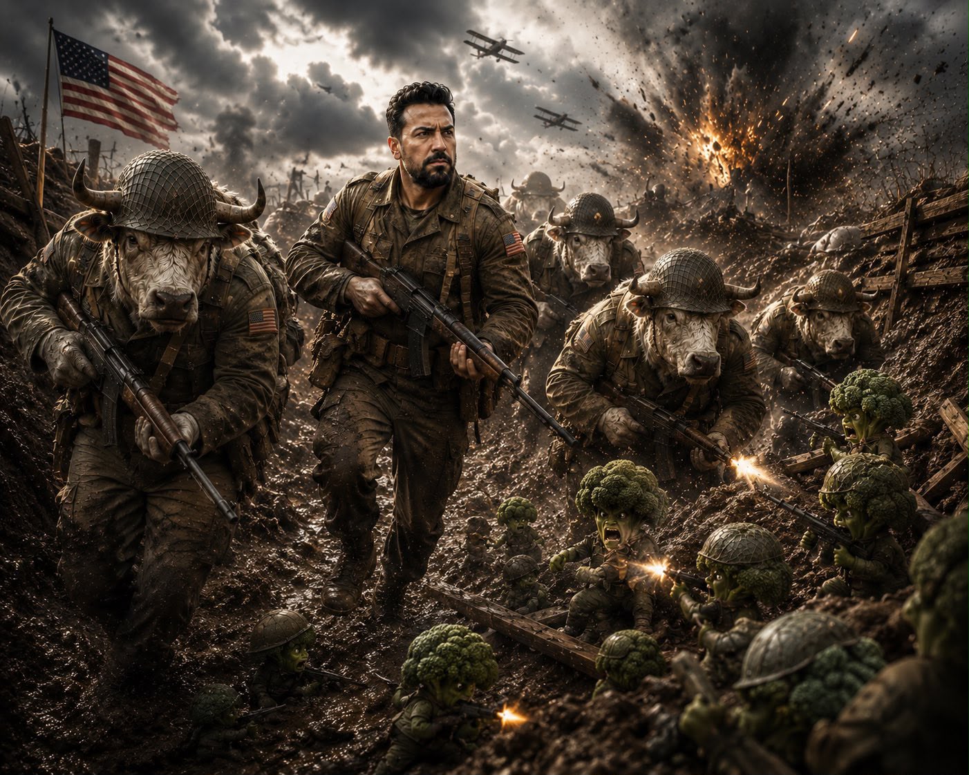 David Gokhshtein and a charging line of helmeted White Bulls storming a WWI-style trench under an American flag, driving back a swarm of armed Broccoli Head soldiers