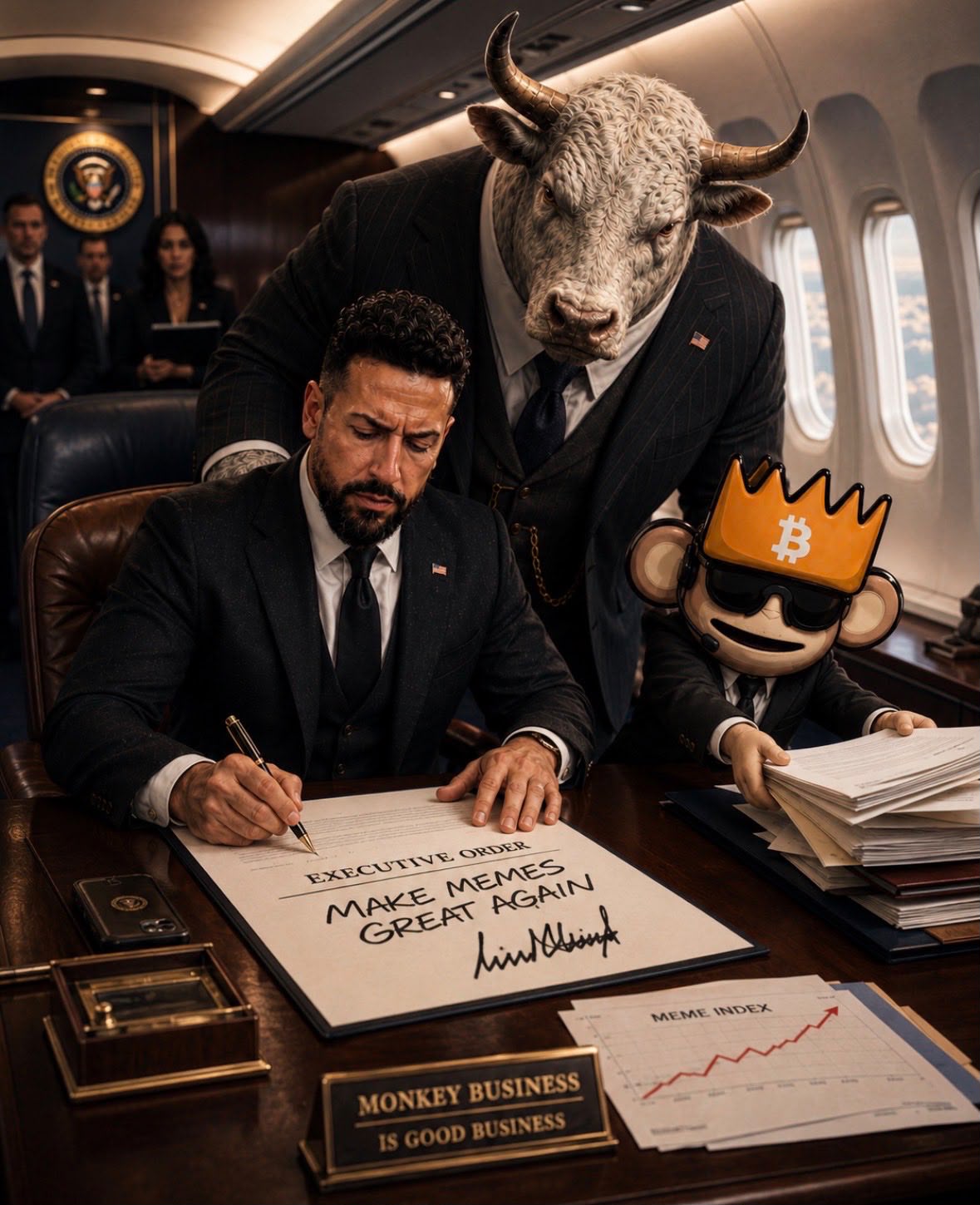 David Gokhshtein signing an executive order reading 'Make Memes Great Again' aboard a private jet, the White Bull standing behind him