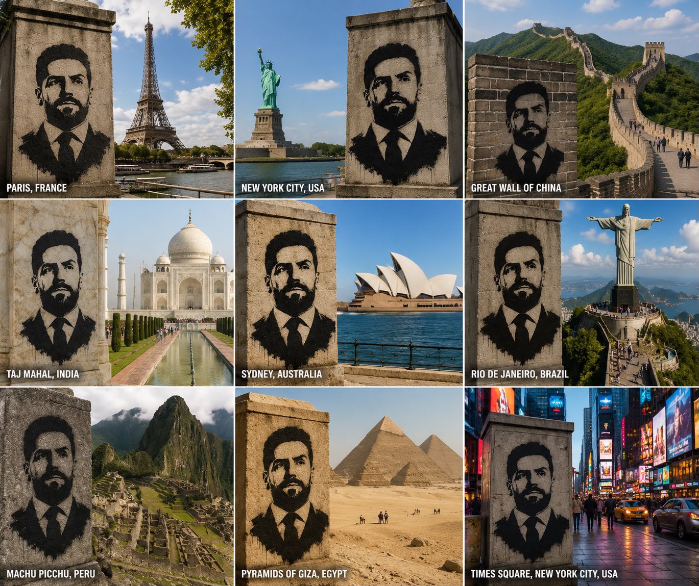 A grid of stencil-art David Gokhshtein portraits stamped onto landmarks around the world, including Paris, New York, the Great Wall, and the Pyramids of Giza