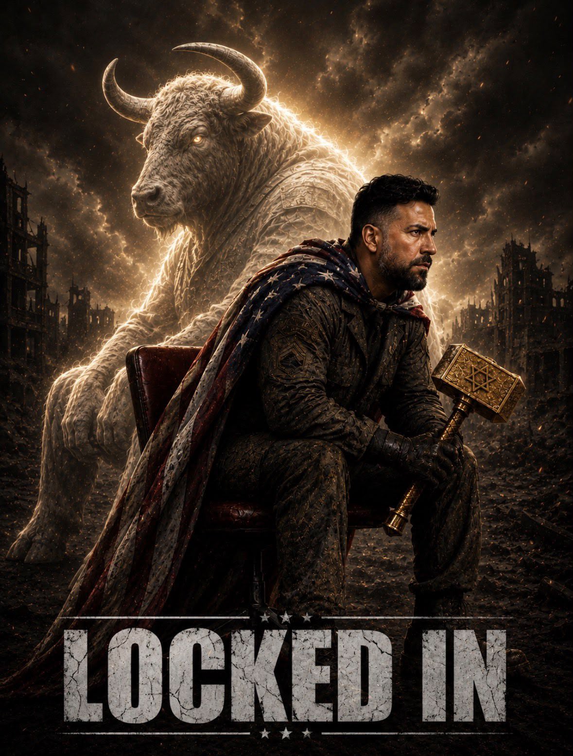 David Gokhshtein seated with a golden hammer before a glowing White Bull amid a war-torn cityscape, captioned 'Locked In'