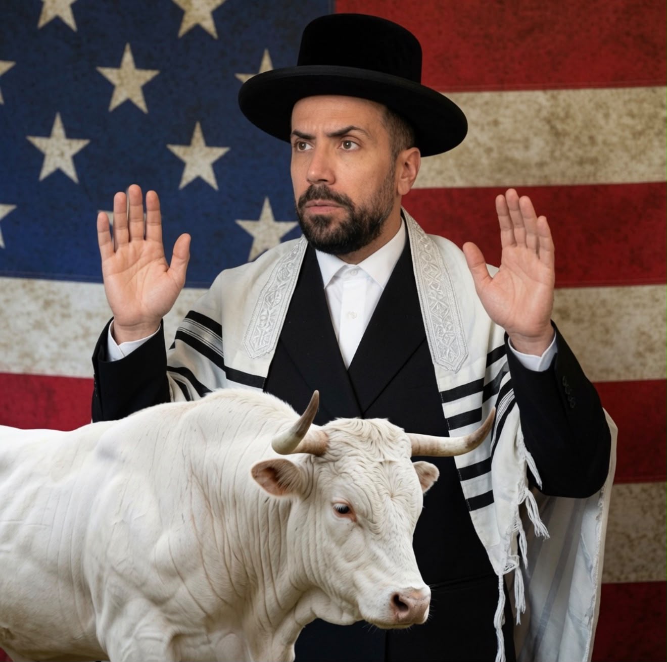 David Gokhshtein depicted in a tallit and hat, blessing the White Bull, in front of an American flag
